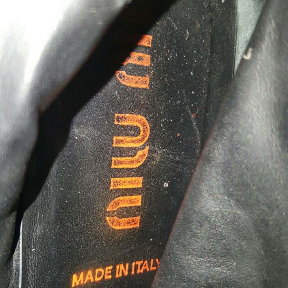 Miu Miu Black Leather Combat Moto Boots with Orange Logo